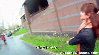 Shy glasses teen Rina craves cock on stairway without holding back