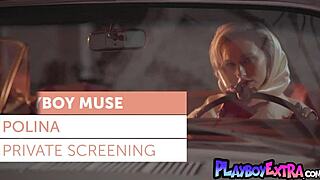 Petite Blonde Polina Strips in Vintage Car Revealing Shaved Pussy