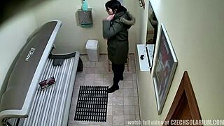 czech brunette spies on solo pussy fingering in hidden tanning bed voyeur cam