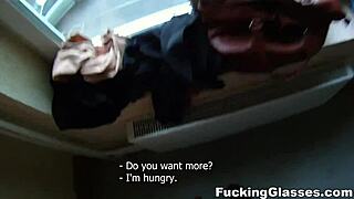 Shy glasses teen Rina craves cock on stairway without holding back