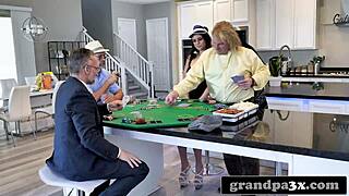 Three Old Dudes Pound Busty Young Teen After Poker Game!