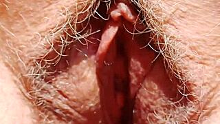 damn check out this mature aunt's hairy pussy lips gaping wide legs spread so close