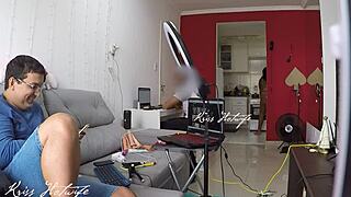 cuckold husband greets computer tech while wife parades in see-through white bikini flashing her big tits and pussy