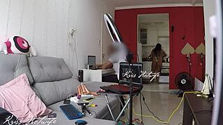 cuckold husband greets computer tech while wife parades in see-through white bikini flashing her big tits and pussy