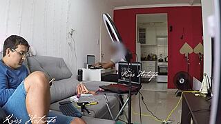 cuckold husband greets computer tech while wife parades in see-through white bikini flashing her big tits and pussy