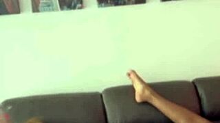 Muscular bisexual lesbians lick pretty petite pussies before strapon fucking hard