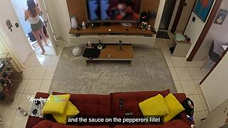 hot wife thay ksada lets delivery guy suck tits on sofa