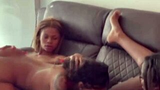 Muscular bisexual lesbians lick pretty petite pussies before strapon fucking hard