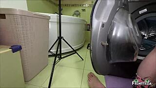 stepmom sneaks up while stepdad bangs stepdaughter stuck in halloween washing machine... almost caught!