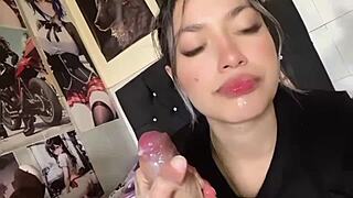 daddy's girl swallows cumshots after sloppy deepthroat ball lick