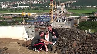 young blonde cutie teases two guys into public street fun outdoors