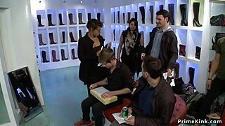 Hey gagged blonde you're fucked hard in this public shop! Bound and humiliated outside!