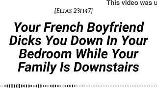 your french boyfriend fucks you hard downstairs while family sleeps creampie quiet