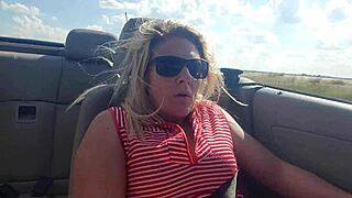 Blonde squirts wildly dildo fucking in highway convertible