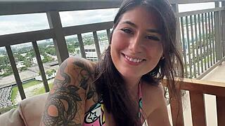 Petite teen Charlotte Mae bends over balcony for stepbro creampie doggystyle