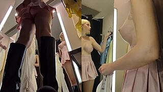 blonde with big tits gets upskirt pussy spied in public changing room 👀🍑