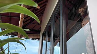 Skinny Blonde in Fishnets Gives Morning Blowjob Before Bent-Over Doggy Pounding