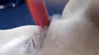 Teen rams huge dildo deep in shaved pussy solo