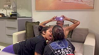 Curvy latina big tits wife shares her fat pussy with boyfriend's half-sister twin in amateur threesome pov blowjob