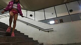 Crossdressed transsexual parades mini-skirt and bulging panties