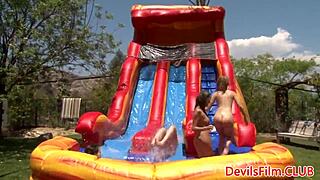 Hot lesbian babes toy shaved pussies outdoors with dildos strapons and hungry licks!