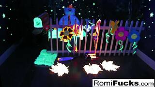 romi rain and dani heat up black light lesbian play with oral and big tits grinding