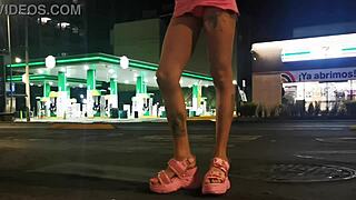 Crossdressed transsexual parades mini-skirt and bulging panties