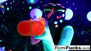 romi rain and dani heat up black light lesbian play with oral and big tits grinding