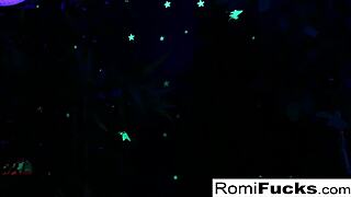 romi rain and dani heat up black light lesbian play with oral and big tits grinding