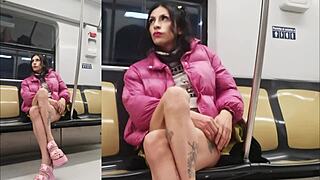 Crossdressed transsexual parades mini-skirt and bulging panties