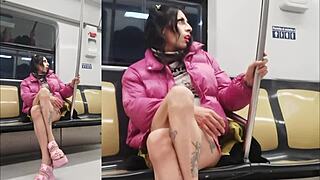 Crossdressed transsexual parades mini-skirt and bulging panties