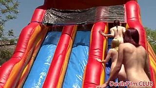 Hot lesbian babes toy shaved pussies outdoors with dildos strapons and hungry licks!