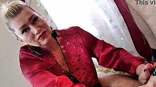 Mature wife teases in red satin negligee ponytail bobbing on thick cock nearby