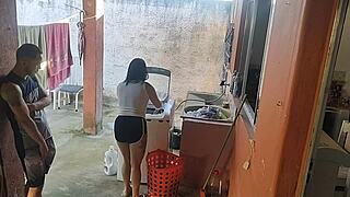 maid can't resist my hard cock once wife leaves so she drops to her knees for deepthroat blowbang and rough pussy banging