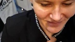 my heart races feeling her tight young pussy grip my huge cock in the bathroom mirror