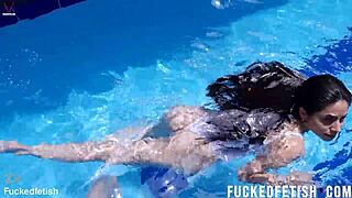 sexy helen star soaks big tits in tight pool swimwear action!