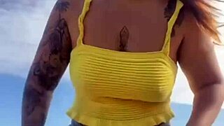 Puffy Swollen Pussy Lips Split by Tiny Bikini on Young Beach Exhibitionist