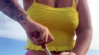 Puffy Swollen Pussy Lips Split by Tiny Bikini on Young Beach Exhibitionist