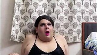 shemale monica m teases nipples masturbating small cock desperately