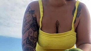 Puffy Swollen Pussy Lips Split by Tiny Bikini on Young Beach Exhibitionist