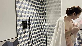 Curvy italian milf pornstar bareback fucks muscular stud pussy licking in steamy shower backstage