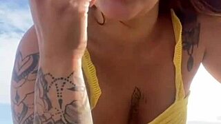 Puffy Swollen Pussy Lips Split by Tiny Bikini on Young Beach Exhibitionist