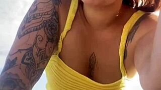 Puffy Swollen Pussy Lips Split by Tiny Bikini on Young Beach Exhibitionist