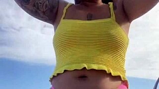 Puffy Swollen Pussy Lips Split by Tiny Bikini on Young Beach Exhibitionist