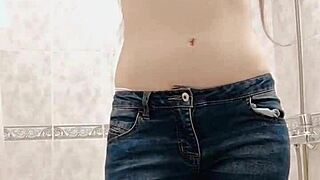 Skinny teen undresses wet panties in bath, pisses through them, squeezes into your mouth while dirty talking!