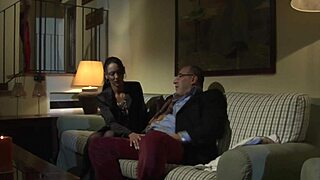 Brunette slut blows old man then fingers wet pussy watching him pound woman doggystyle