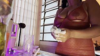 Watch this cute brazilian bend over shaved pussy for doggystyle toy relief