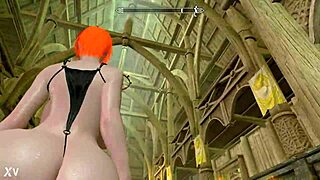 A big booty redhead bares her huge tits and ass nude across Skyrim's realms