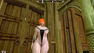 A big booty redhead bares her huge tits and ass nude across Skyrim's realms