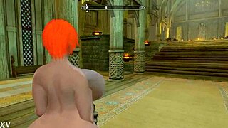 A big booty redhead bares her huge tits and ass nude across Skyrim's realms